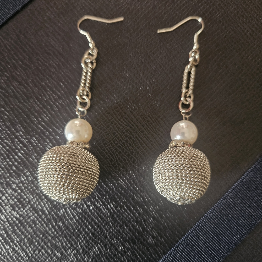 Elegant Vintage Ball Drop Silver, Rhinestone and Pearl Drop Earrings